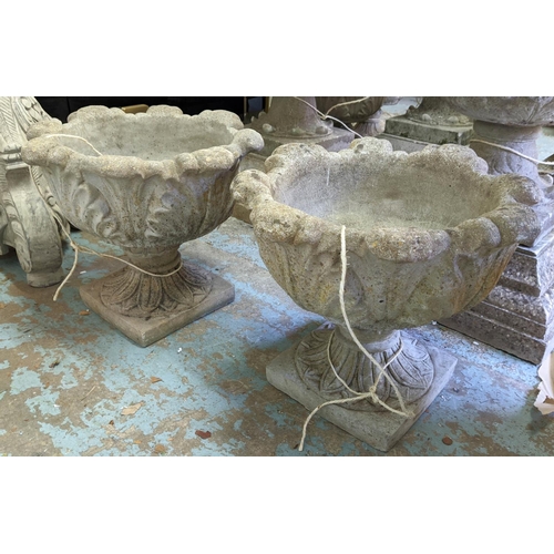 175 - GARDEN URNS, a pair, each 48cm x 44cm H, in reconstituted stone. (2)