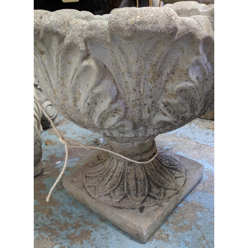 175 - GARDEN URNS, a pair, each 48cm x 44cm H, in reconstituted stone. (2)