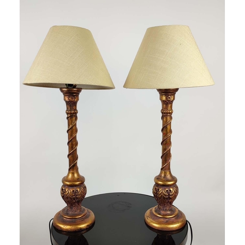 177 - GILT LAMPS, a pair, each 66cm tall overall, including shades.