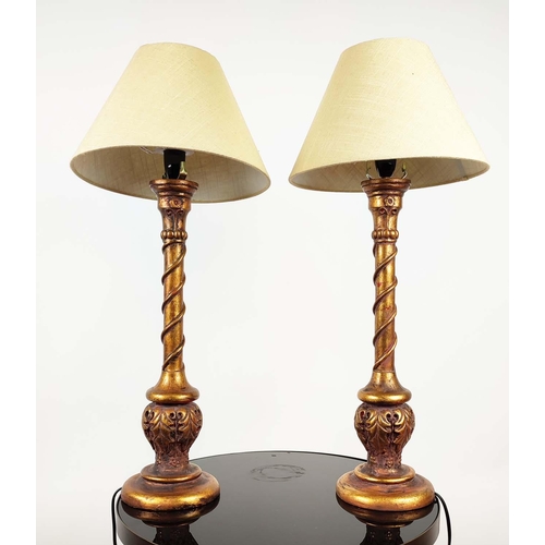 177 - GILT LAMPS, a pair, each 66cm tall overall, including shades.