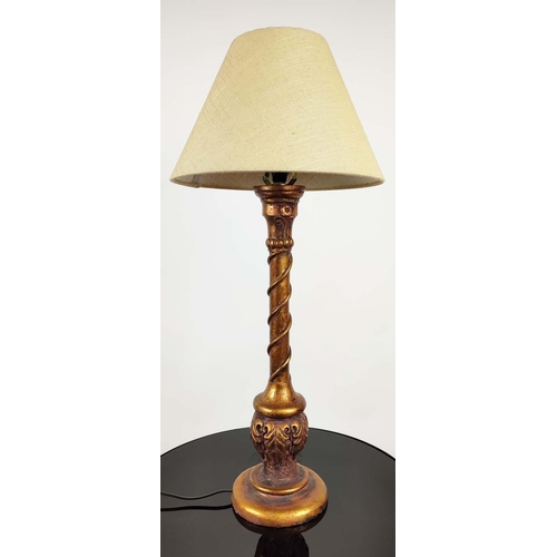 177 - GILT LAMPS, a pair, each 66cm tall overall, including shades.