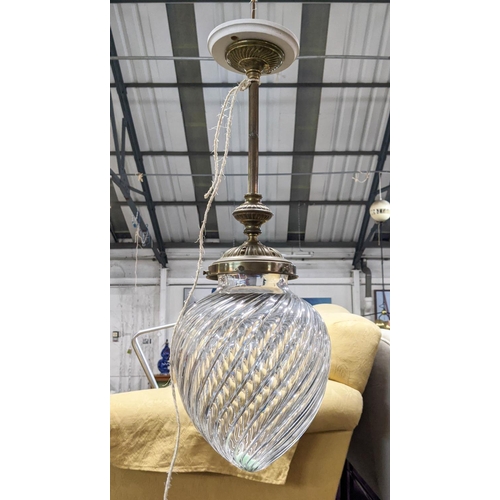 180 - CEILING LAMPS, a pair, each 66cm tall, brass rods with ribbed glass shades. (2)