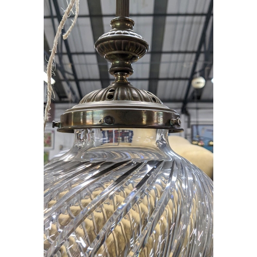 180 - CEILING LAMPS, a pair, each 66cm tall, brass rods with ribbed glass shades. (2)