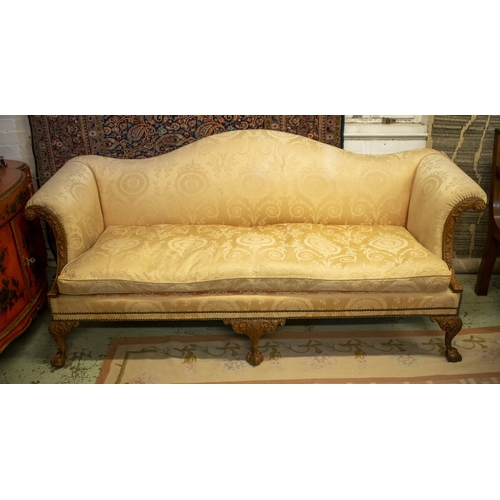 183 - SOFA, 215cm W x 80cm W x 94cm H, George III style walnut in silk damask with oak leaf and acorn deta... 