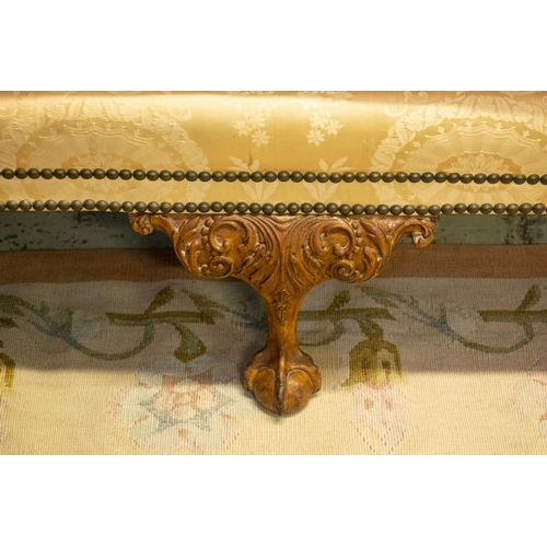 183 - SOFA, 215cm W x 80cm W x 94cm H, George III style walnut in silk damask with oak leaf and acorn deta... 