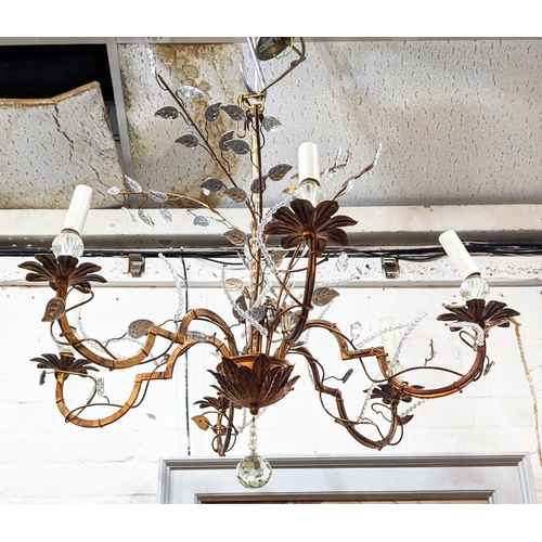 184 - CHANDELIER, 65cm H x 78cm W, gilt metal with foliate glass detail.