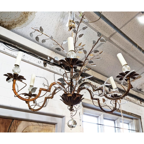 184 - CHANDELIER, 65cm H x 78cm W, gilt metal with foliate glass detail.