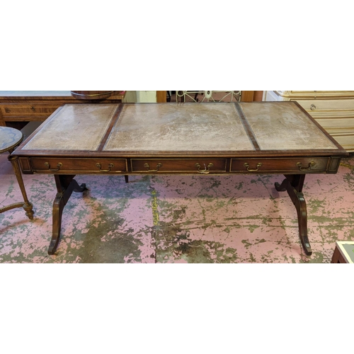 191 - WRITING TABLE, 169cm x 79cm x 77cm H, Regency style mahogany with three leather panel top and three ... 