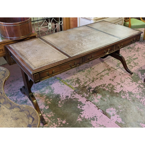 191 - WRITING TABLE, 169cm x 79cm x 77cm H, Regency style mahogany with three leather panel top and three ... 