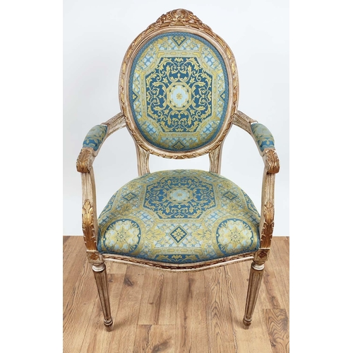 192 - FAUTEUILS, a pair, each 60cm x 101cm H, Louis XVI style with carved showframes and gilt detail in Ve... 