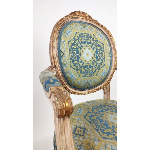 192 - FAUTEUILS, a pair, each 60cm x 101cm H, Louis XVI style with carved showframes and gilt detail in Ve... 