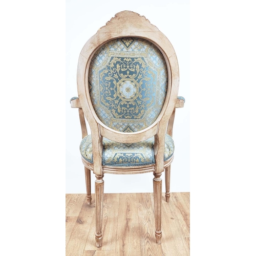 192 - FAUTEUILS, a pair, each 60cm x 101cm H, Louis XVI style with carved showframes and gilt detail in Ve... 