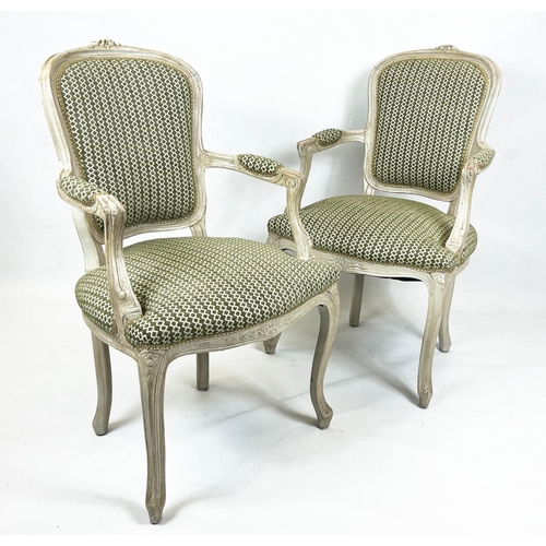 201 - FAUTEUILS, a pair, Louis XV style, grey painted with green chenille upholstery. (2)