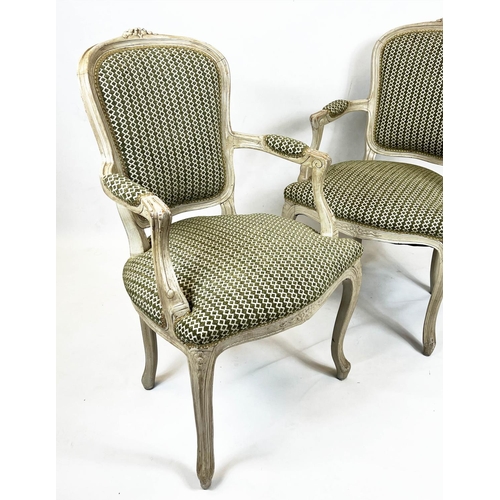 201 - FAUTEUILS, a pair, Louis XV style, grey painted with green chenille upholstery. (2)