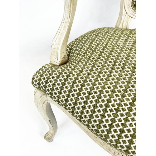 201 - FAUTEUILS, a pair, Louis XV style, grey painted with green chenille upholstery. (2)