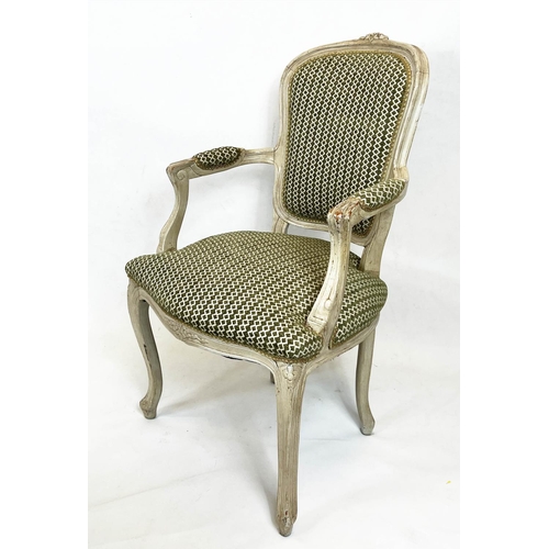 201 - FAUTEUILS, a pair, Louis XV style, grey painted with green chenille upholstery. (2)