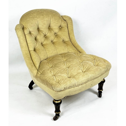 202 - SLIPPER CHAIR, 75cm H x 64cm W, Napoleon III, ebonised and gilt heightened, in cream plush upholster... 