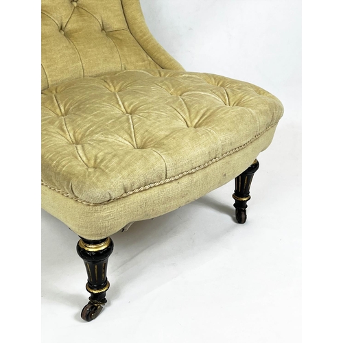 202 - SLIPPER CHAIR, 75cm H x 64cm W, Napoleon III, ebonised and gilt heightened, in cream plush upholster... 