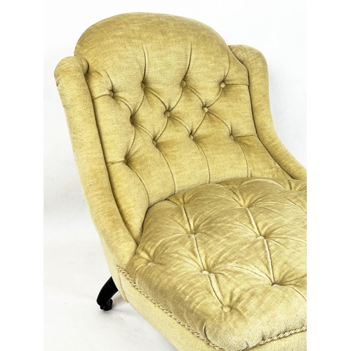 202 - SLIPPER CHAIR, 75cm H x 64cm W, Napoleon III, ebonised and gilt heightened, in cream plush upholster... 