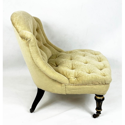 202 - SLIPPER CHAIR, 75cm H x 64cm W, Napoleon III, ebonised and gilt heightened, in cream plush upholster... 