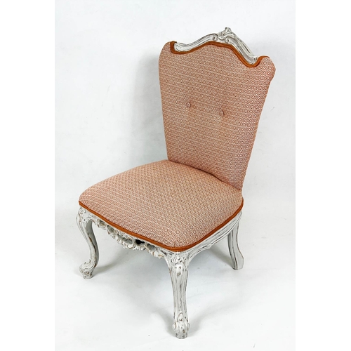 209 - SLIPPER CHAIR, 86cm H x 52cm W, white painted, in patterned orange fabric.