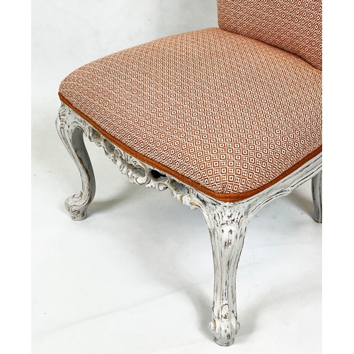 209 - SLIPPER CHAIR, 86cm H x 52cm W, white painted, in patterned orange fabric.