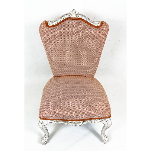 209 - SLIPPER CHAIR, 86cm H x 52cm W, white painted, in patterned orange fabric.