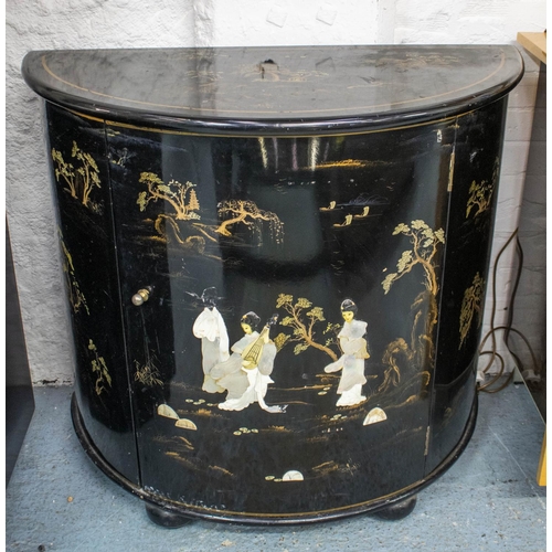 210 - DEMI LUNE SIDE CABINET, 84cm H x 92cm W x 45cm D, Chinese black lacquer and decorated, with single d... 