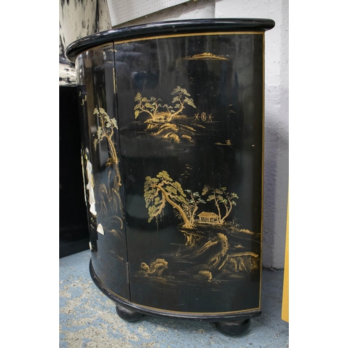 210 - DEMI LUNE SIDE CABINET, 84cm H x 92cm W x 45cm D, Chinese black lacquer and decorated, with single d... 