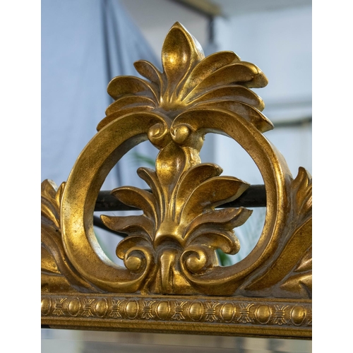 212 - WALL MIRROR, 144cm H x 89cm, French style giltwood with marginal plates and foliage crest.