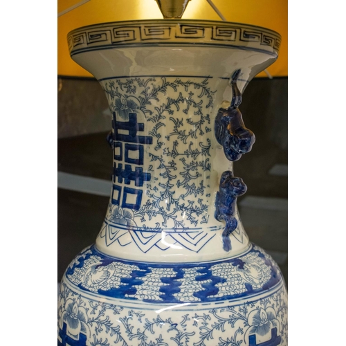 218 - TABLE LAMPS, 92cm H x 61cm, a pair, Chinese blue and white ceramic with blue shades. (2) (loose fitt... 