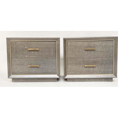 285 - BEDSIDE CHESTS BY GERARD LEWIS, a pair, birds eye maple grey stained each with two drawers and brass... 