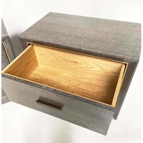 285 - BEDSIDE CHESTS BY GERARD LEWIS, a pair, birds eye maple grey stained each with two drawers and brass... 