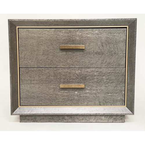 285 - BEDSIDE CHESTS BY GERARD LEWIS, a pair, birds eye maple grey stained each with two drawers and brass... 