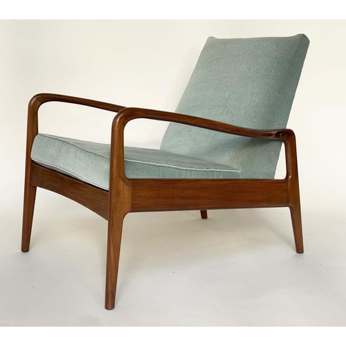 287 - ARMCHAIR BY GREAVES AND THOMAS, 1970's afromosia framed, with down swept arms, 69cm W.