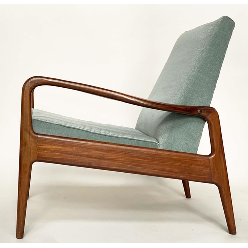 287 - ARMCHAIR BY GREAVES AND THOMAS, 1970's afromosia framed, with down swept arms, 69cm W.