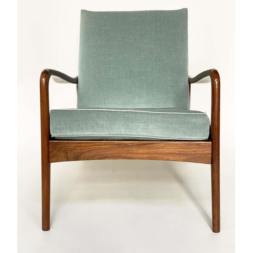 287 - ARMCHAIR BY GREAVES AND THOMAS, 1970's afromosia framed, with down swept arms, 69cm W.