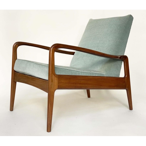 287 - ARMCHAIR BY GREAVES AND THOMAS, 1970's afromosia framed, with down swept arms, 69cm W.