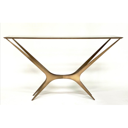 288 - CONSOLE TABLE, bronzed steel with rectangular bevelled plate glass top and interlocking support, 150... 