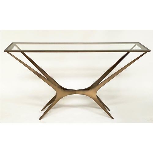 288 - CONSOLE TABLE, bronzed steel with rectangular bevelled plate glass top and interlocking support, 150... 