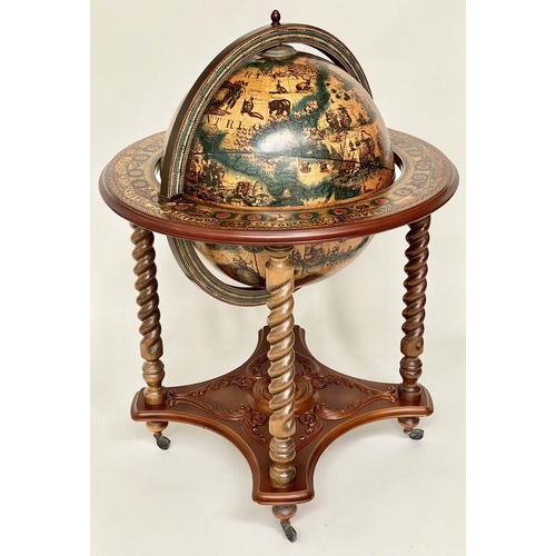 292 - GLOBE COCKTAIL CABINET, in the form of an antique terrestrial globe on stand with rising lid, 95cm H... 