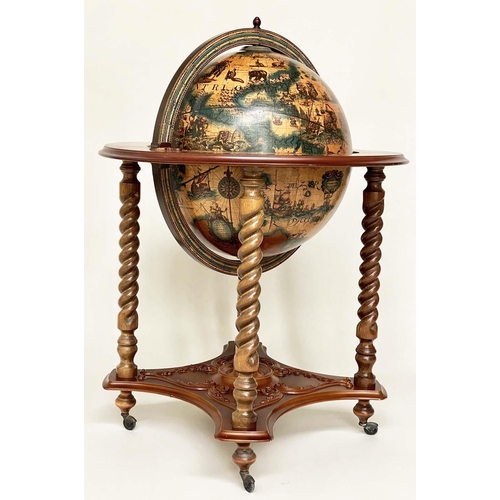 292 - GLOBE COCKTAIL CABINET, in the form of an antique terrestrial globe on stand with rising lid, 95cm H... 