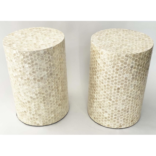 294 - LAMP TABLE/COLUMNS, a pair, circular mother of pearl style tracery, 33cm x 50cm H. (2)