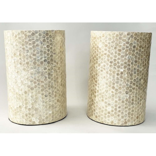 294 - LAMP TABLE/COLUMNS, a pair, circular mother of pearl style tracery, 33cm x 50cm H. (2)