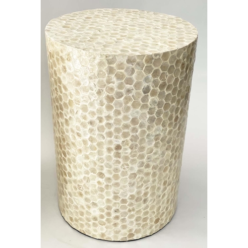 294 - LAMP TABLE/COLUMNS, a pair, circular mother of pearl style tracery, 33cm x 50cm H. (2)