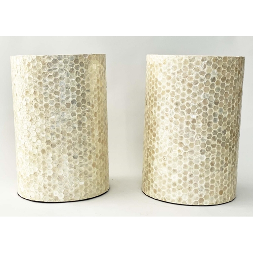 294 - LAMP TABLE/COLUMNS, a pair, circular mother of pearl style tracery, 33cm x 50cm H. (2)