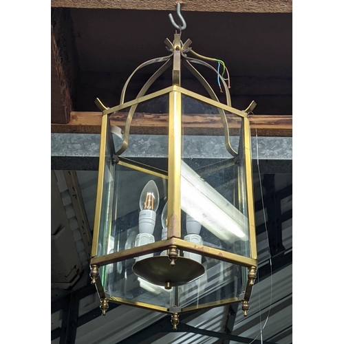 318 - HALL LANTERN, gilt metal and glazed, three branch light, 65cm H. (faults to finish)