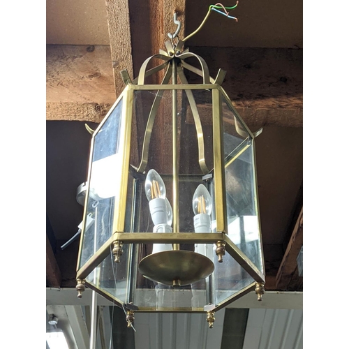 318 - HALL LANTERN, gilt metal and glazed, three branch light, 65cm H. (faults to finish)