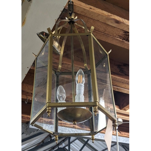 320 - HALL LANTERN, gilt metal and glazed, three branch light, 65cm H. (faults to finish)