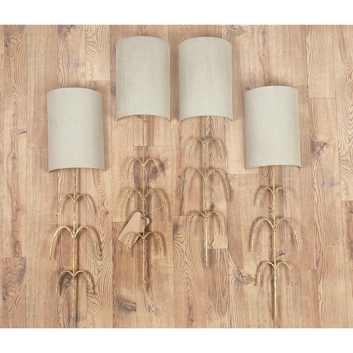 380 - WALL LIGHTS, a set of four, with Porta Romana shades, gilt metal, 97cm each. (4)